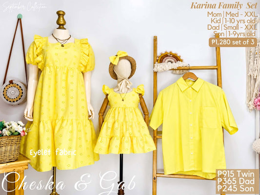 Karina Family Set – Eyelet Fabric Puff-Sleeve Dress & Coordinating Family Outfits