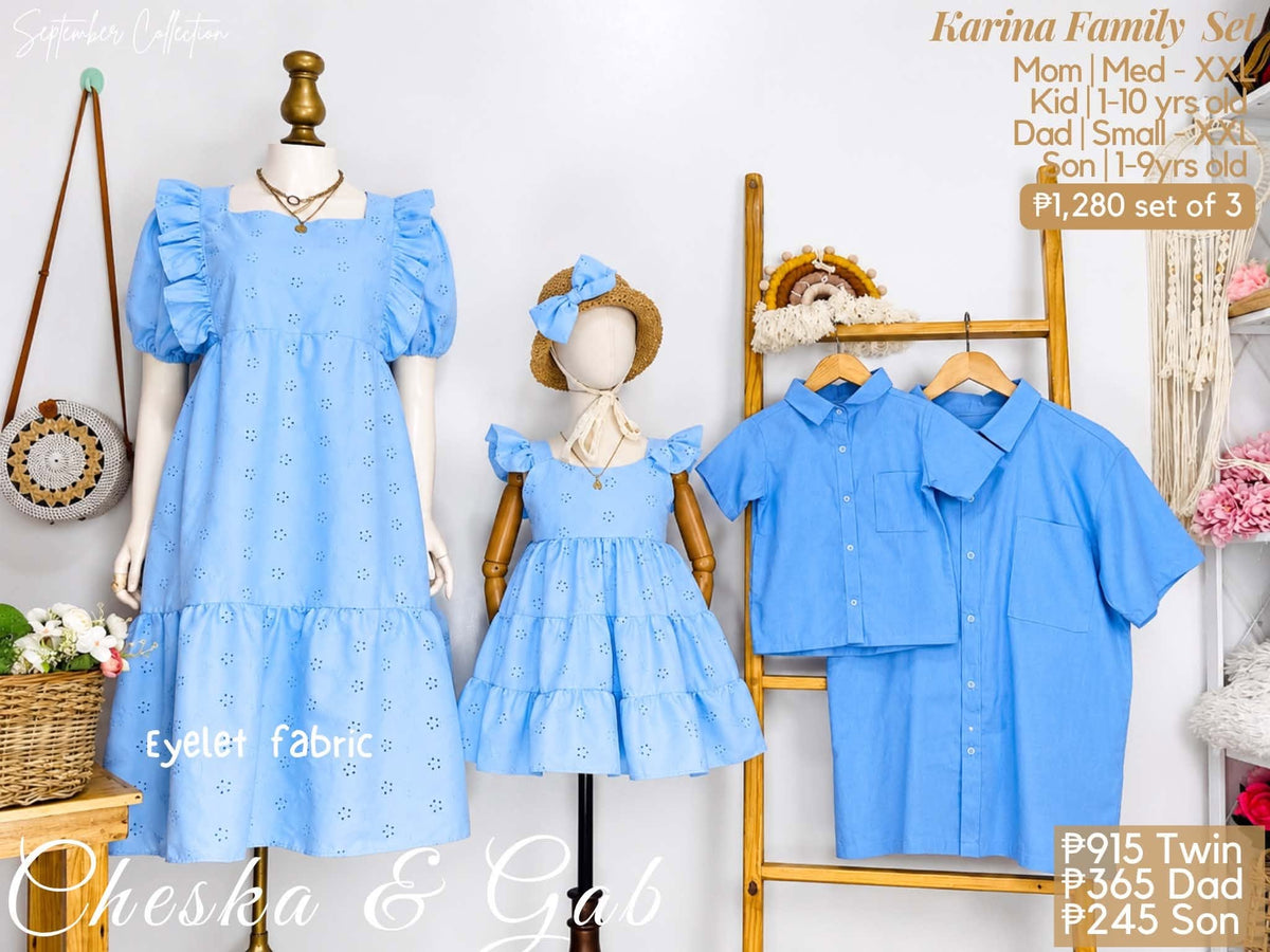 Karina Family Set – Eyelet Fabric Puff-Sleeve Dress & Coordinating Family Outfits