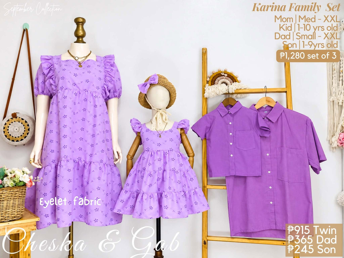 Karina Family Set – Eyelet Fabric Puff-Sleeve Dress & Coordinating Family Outfits