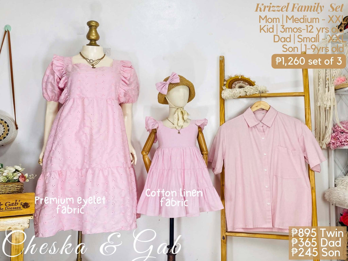 Karina Family Set – Eyelet Fabric Puff-Sleeve Dress & Coordinating Family Outfits